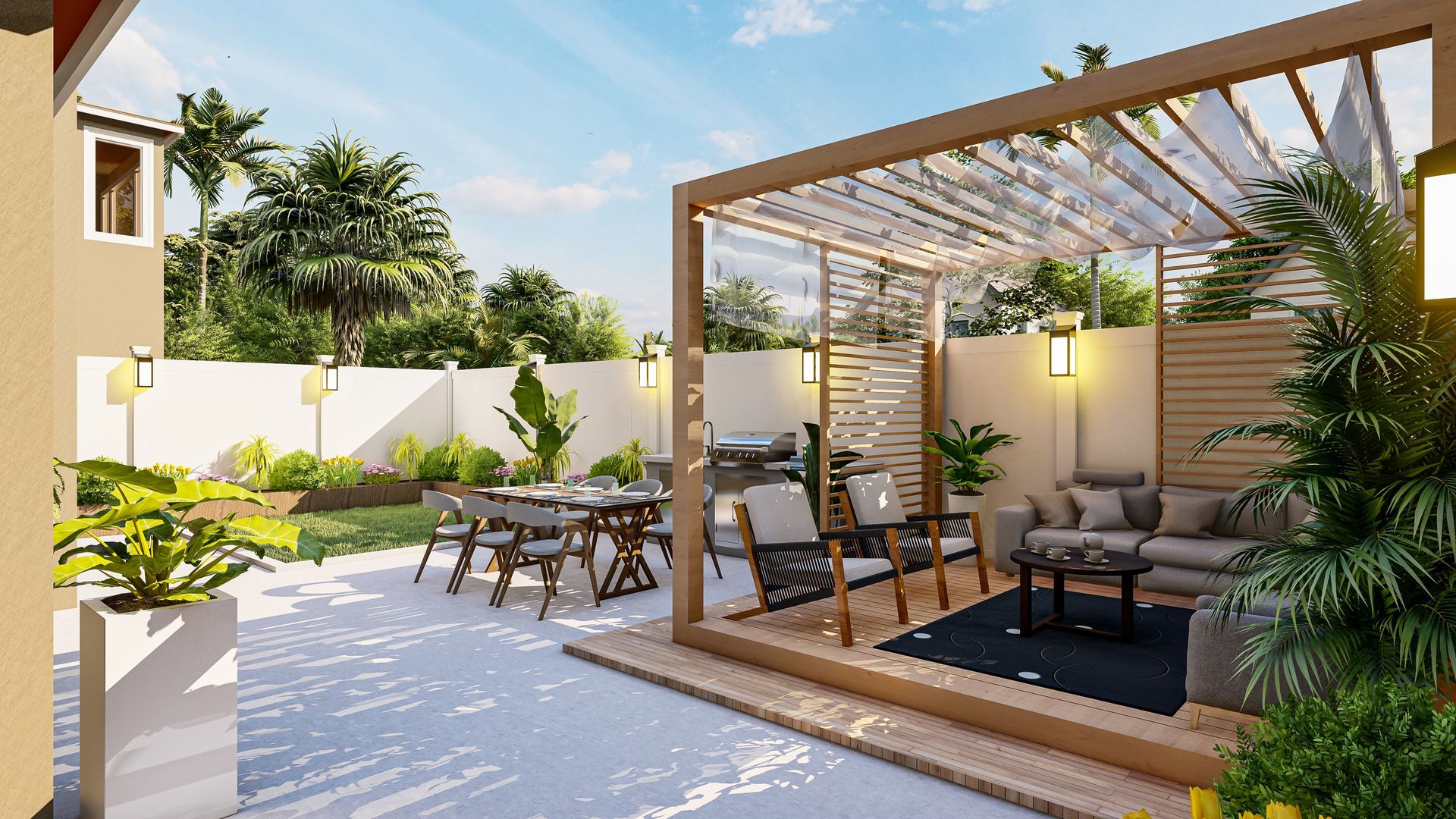 a 3d rendering of a patio with a pergola , tables and chairs .