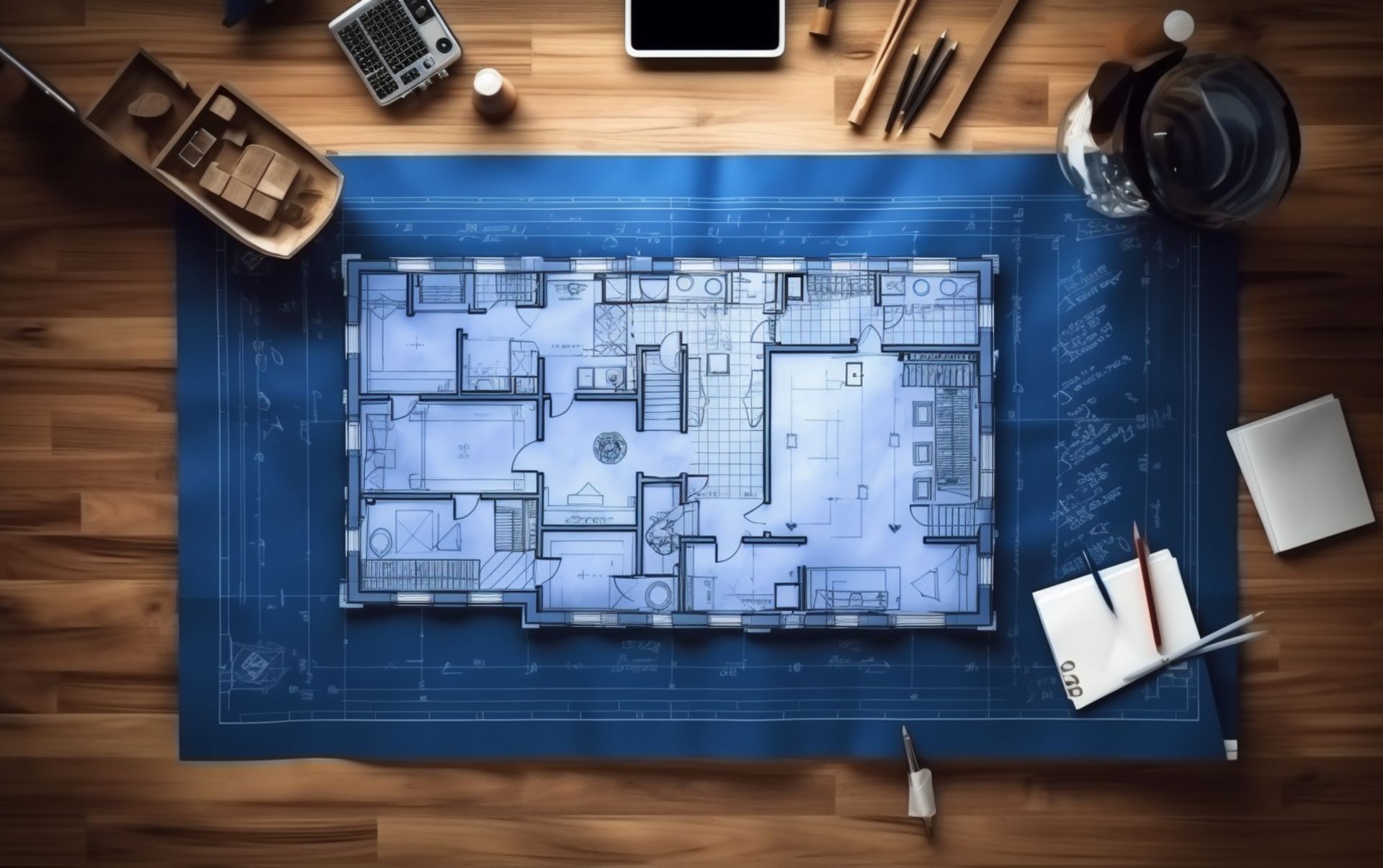 a blueprint of a house is sitting on a wooden table .