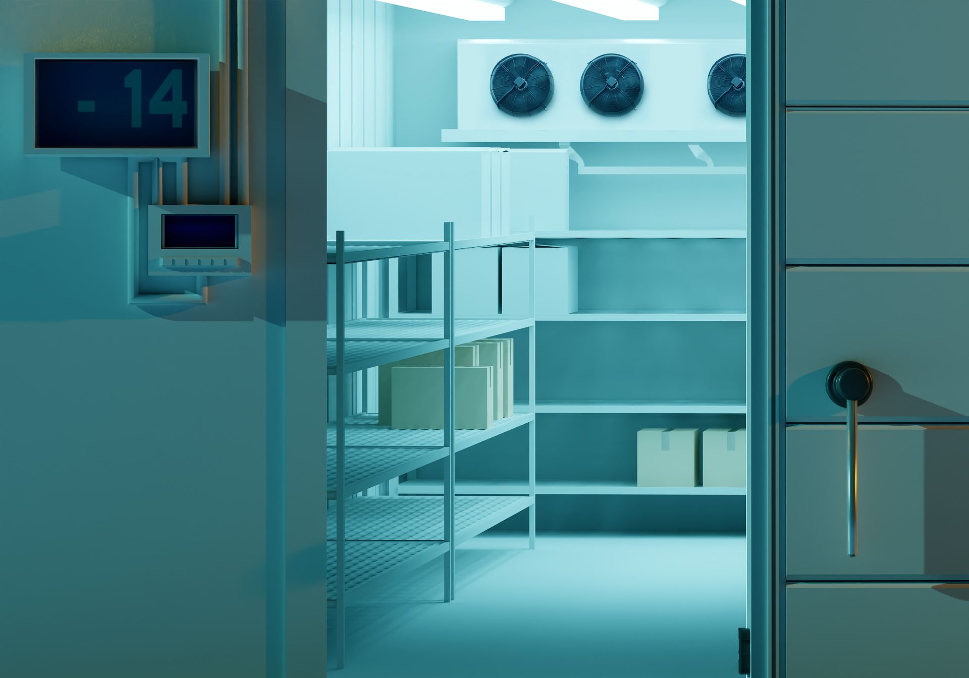A cold storage room with metal shelving and a temperature control display reading -14 degrees on the wall.
