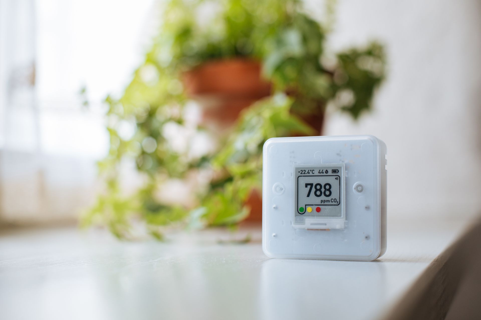 White indoor air quality monitor displays readings, in front of a blurred plant in a window.