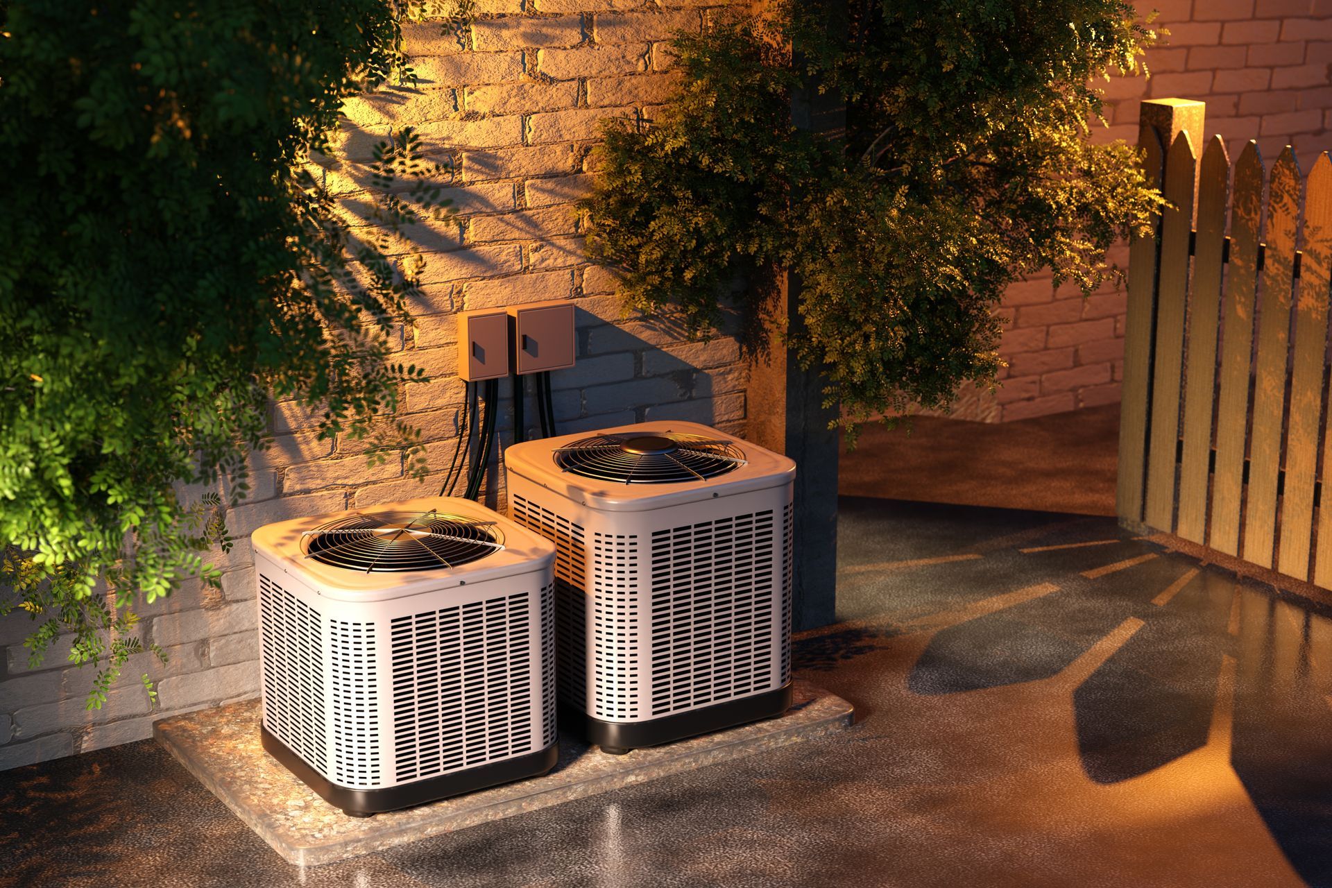 Two air conditioning units near a brick wall, tree, and wooden fence at night.