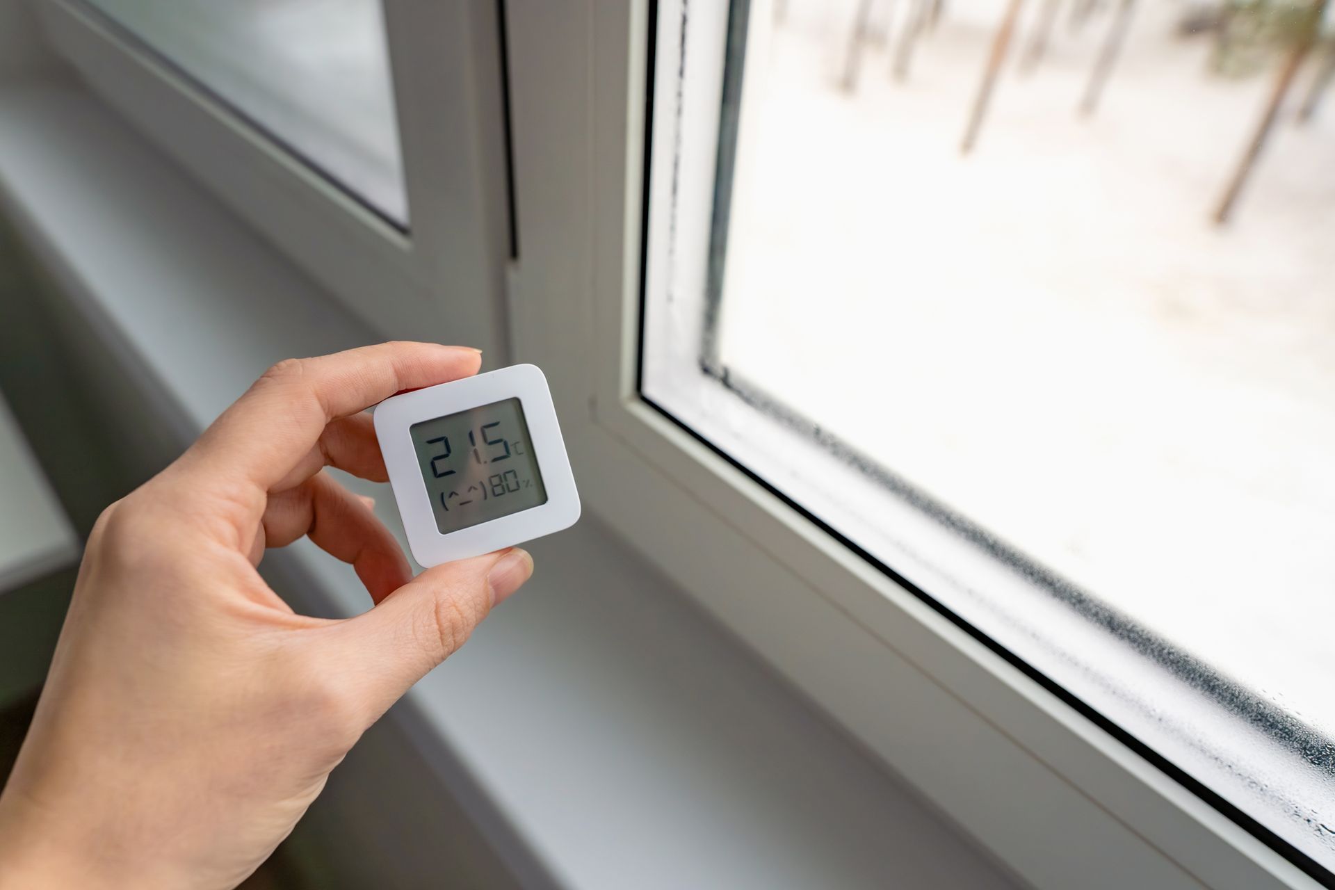 Hand holding a small, square digital thermometer in front of a window.