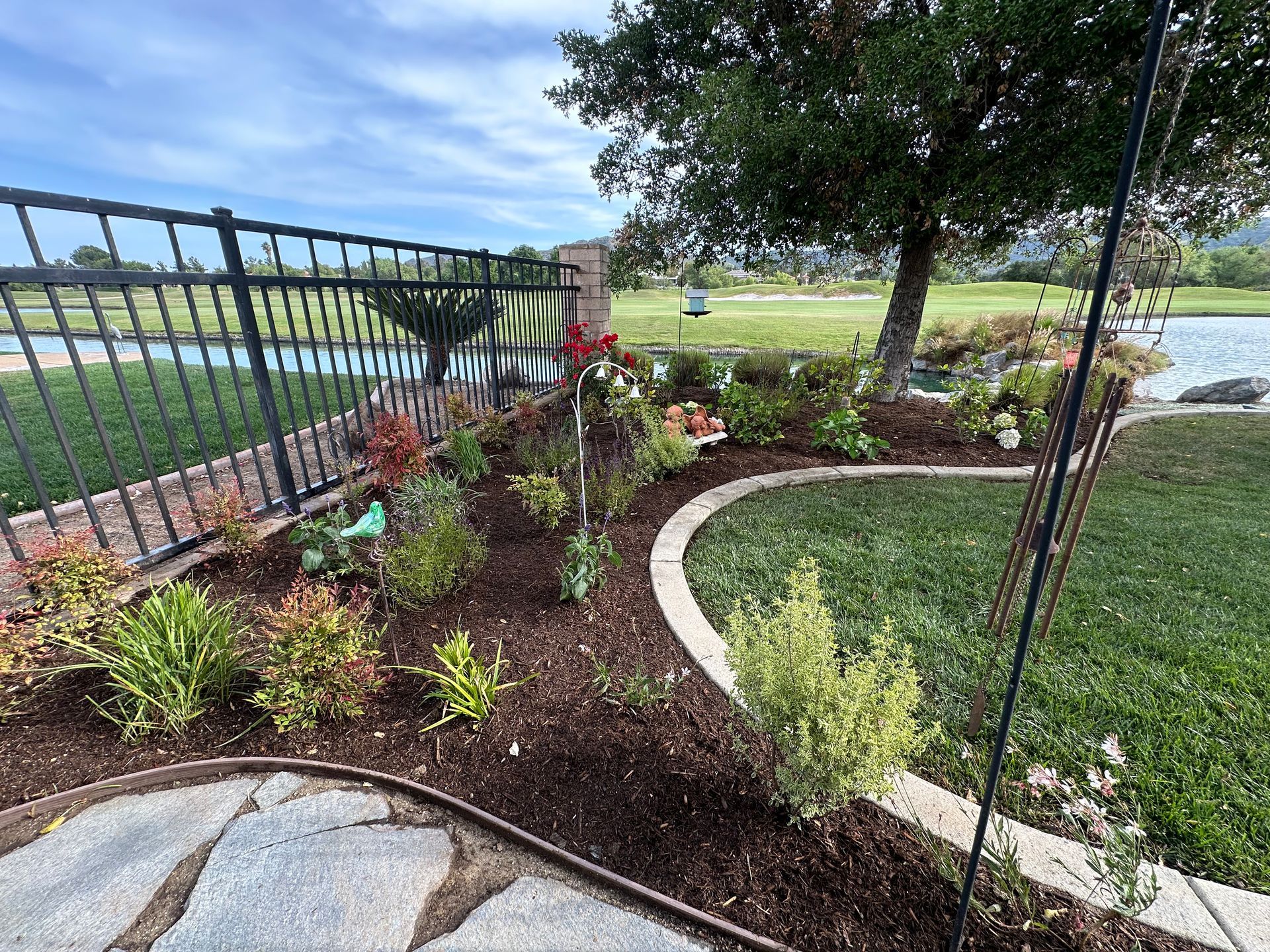 A garden with a fence and a pond in the background.