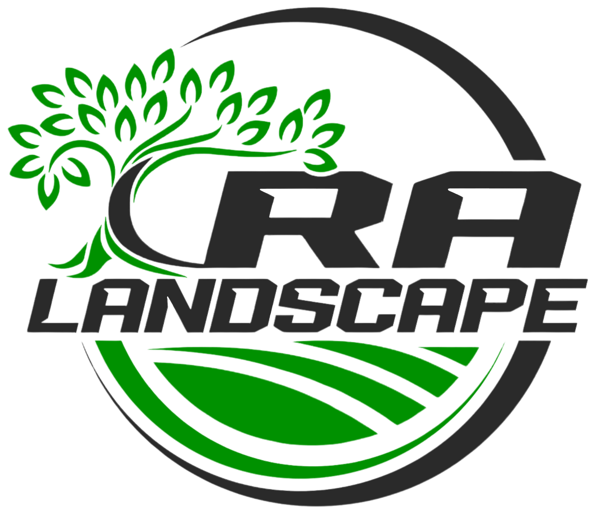 A logo for a landscape company with a tree in the middle of a field.