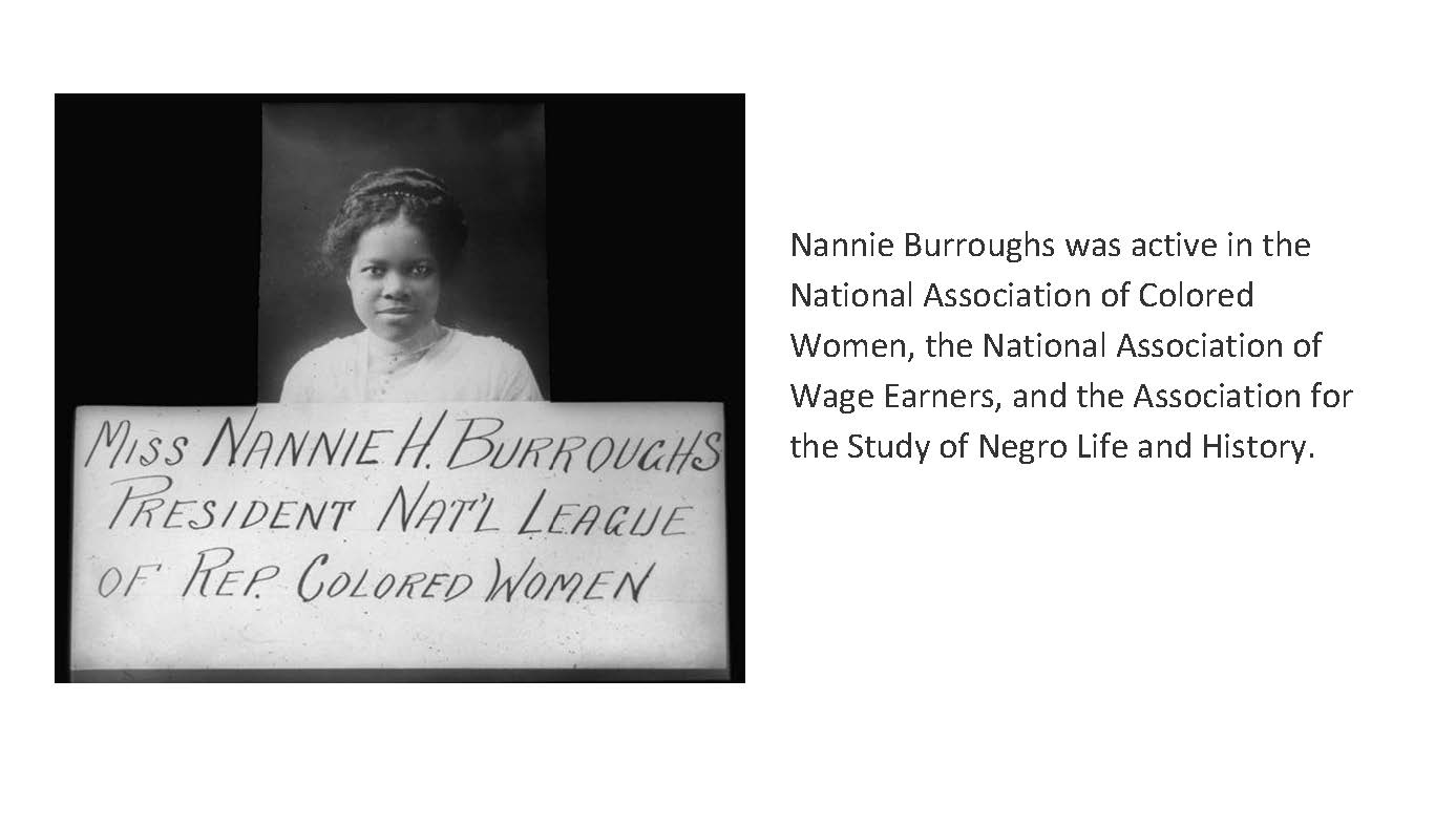 A black and white photo of a woman standing next to a sign that says ' miss nannie h barlough ' on it.