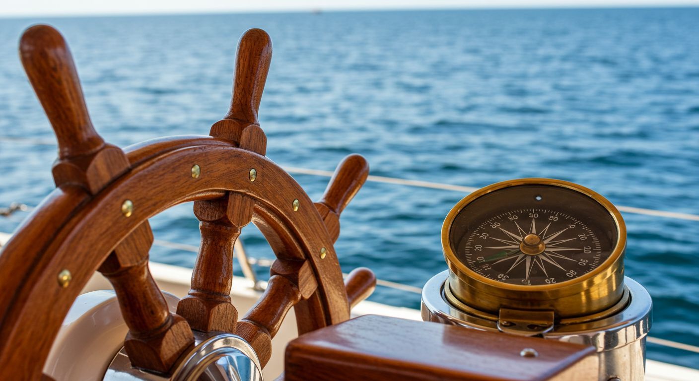 A wooden steering wheel and compass on a boat in the ocean.