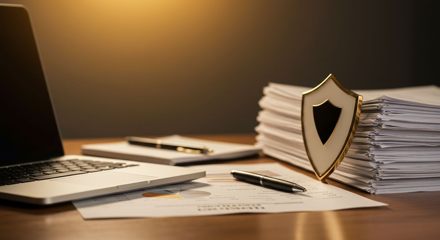 A stack of papers , a laptop , a pen , and a shield on a desk.