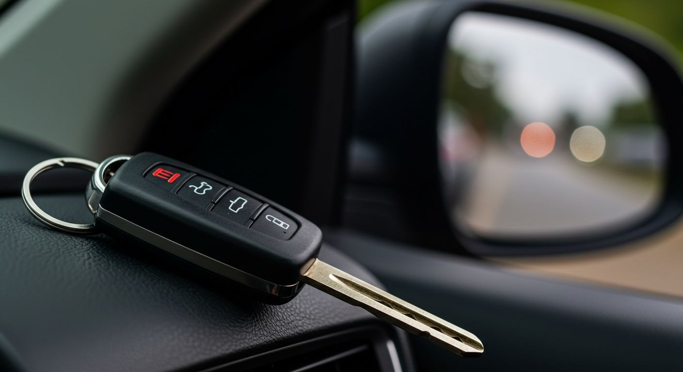 A car key is sitting on the dashboard of a car.
