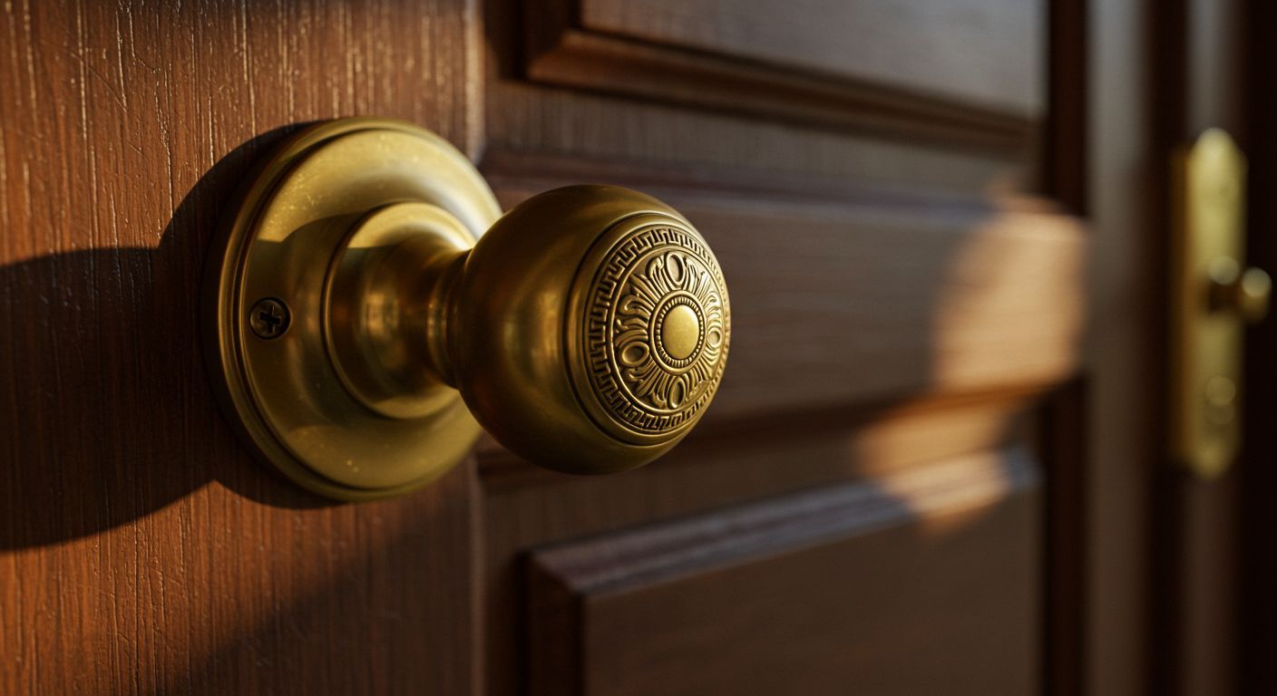 A close up of a door knob on a wooden door.