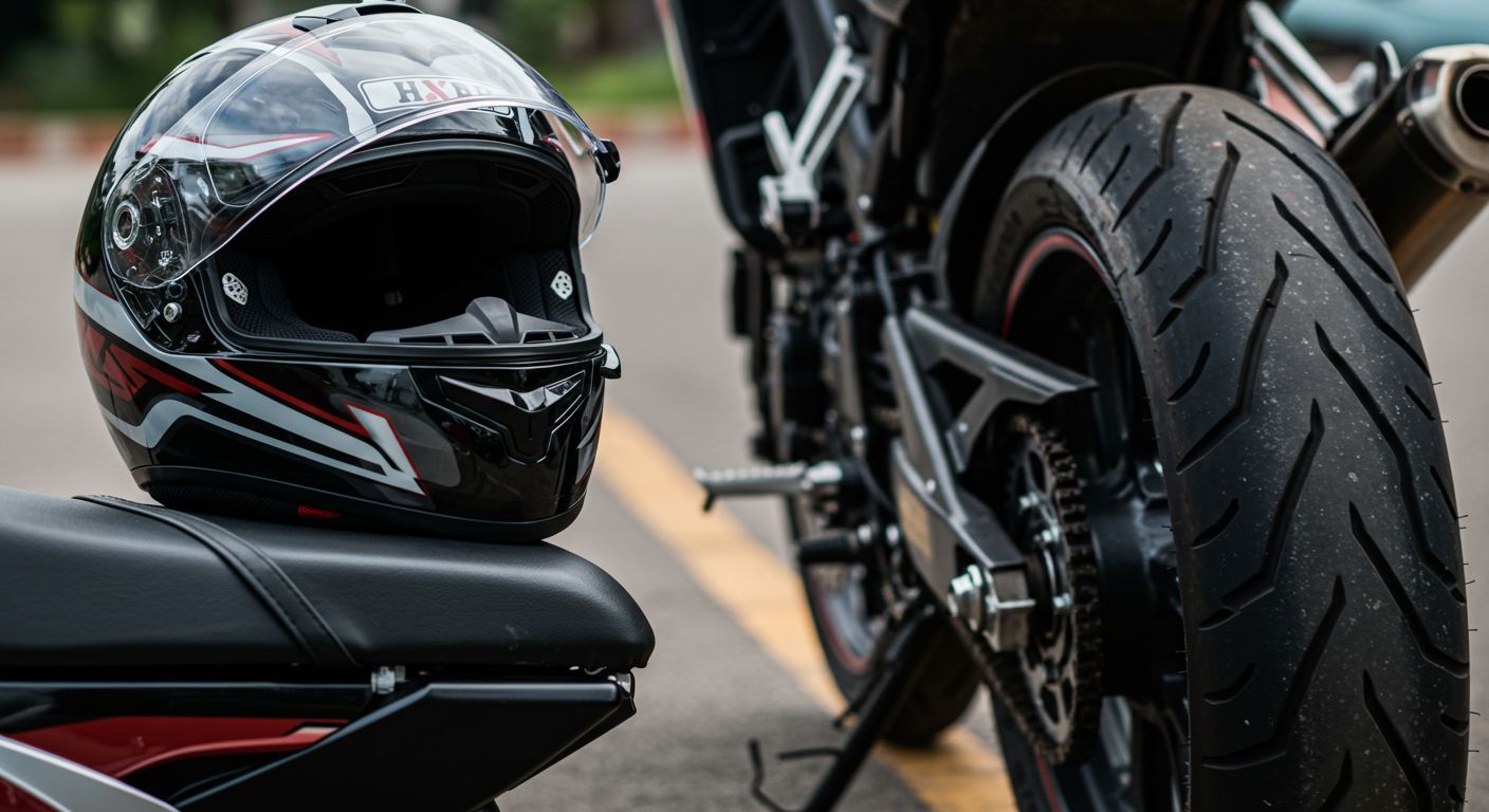 A helmet is sitting on the back of a motorcycle.