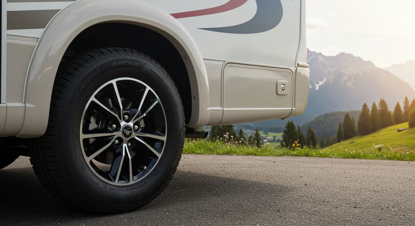 A camper van is parked on the side of a road with mountains in the background.