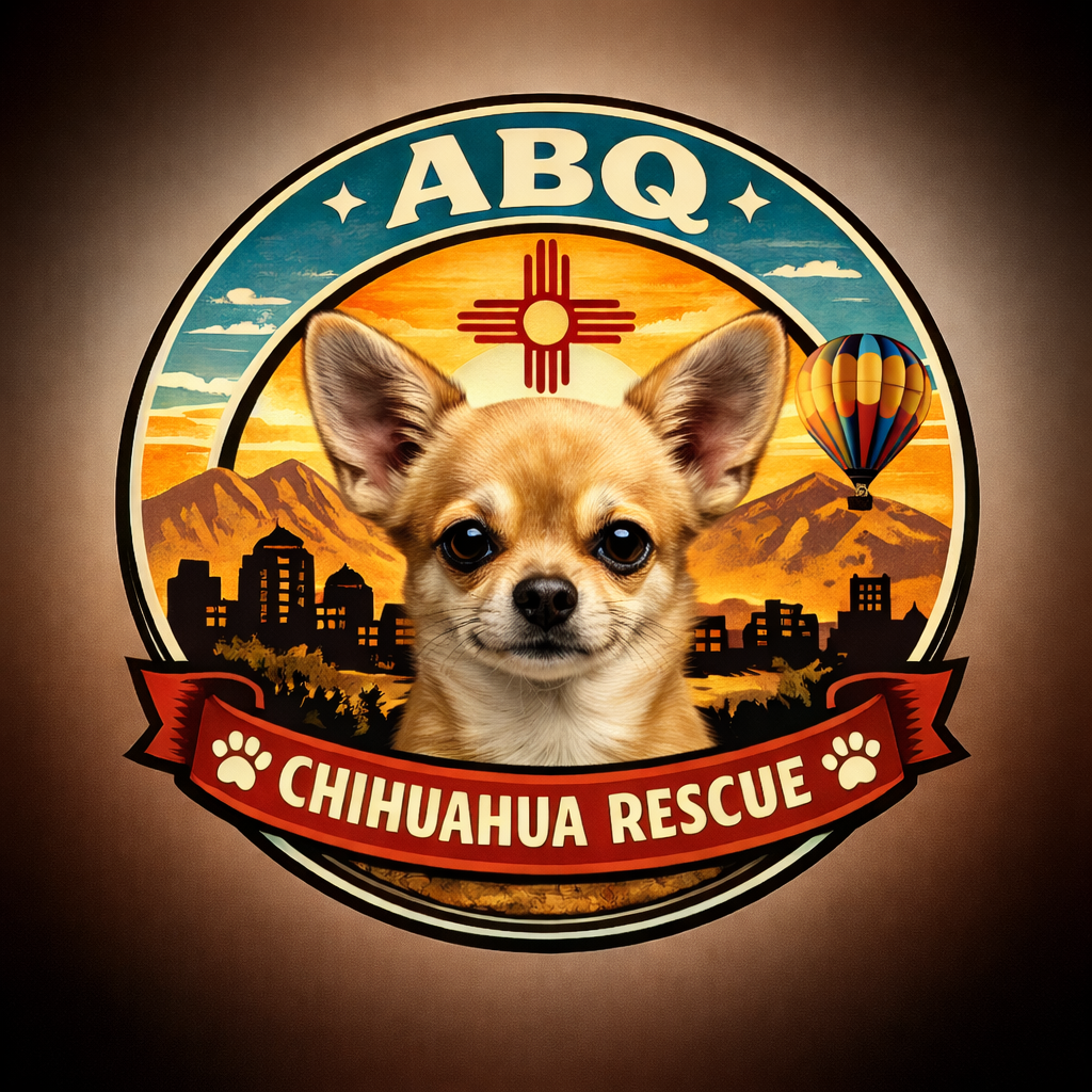 ABQ Chihuahua Rescue logo with a Chihuahua, New Mexico sun symbol, hot air balloon, and skyline