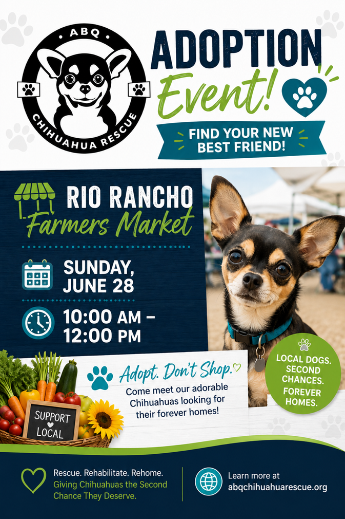 Adoption event flyer for Rio Rancho Farmers Market with dog photos, June 28, 10:00 AM–12:00 PM