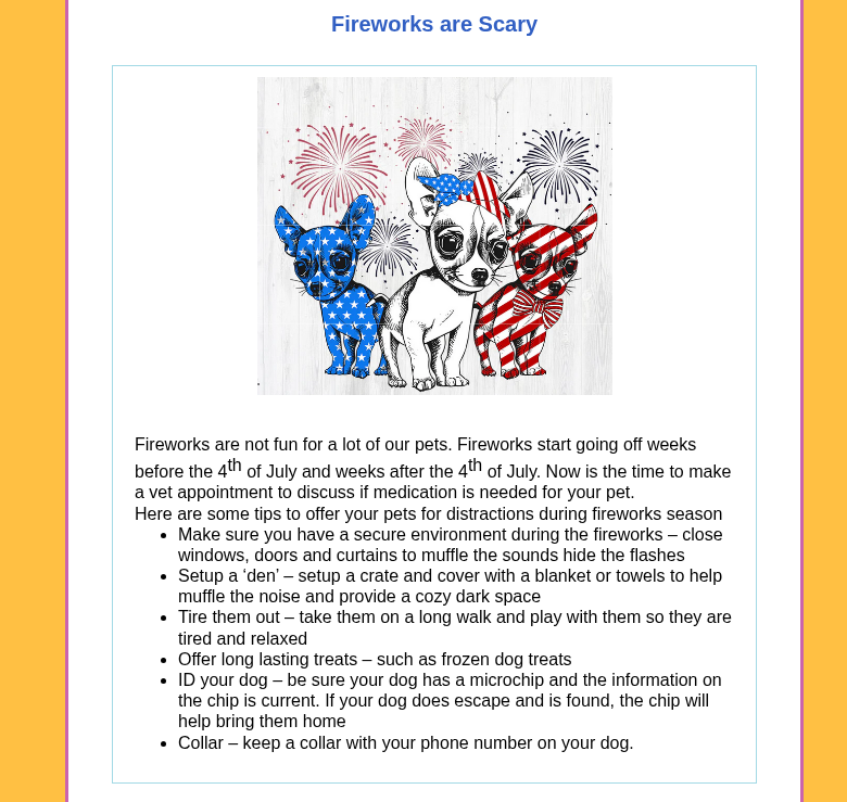 Poster titled “Fireworks are Scary” with cartoon dog on leashes and fireworks above, plus safety tips below