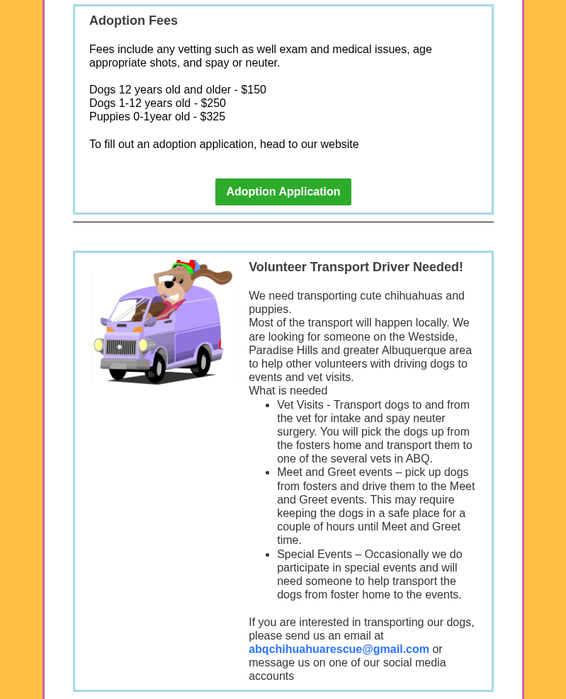Webpage screenshot with an adopt button and a cartoon person driving a purple car beside text.