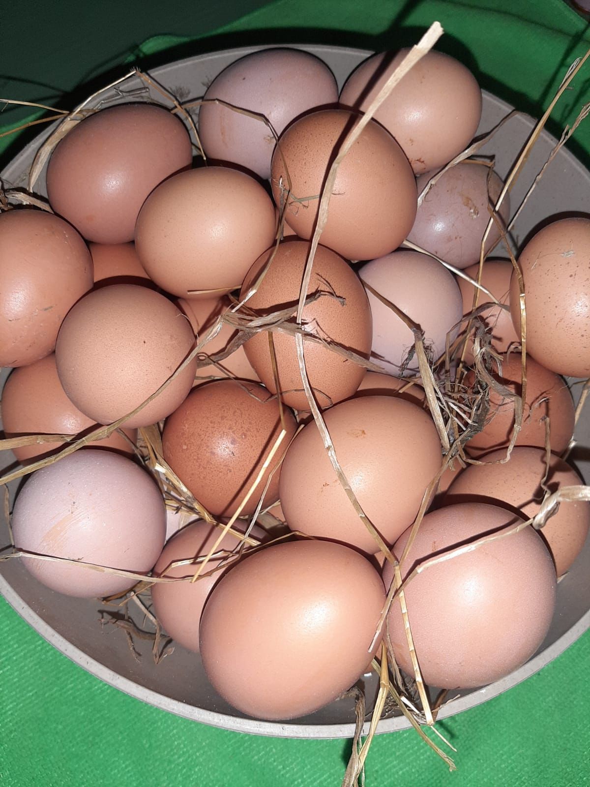 Cuenco de huevos marrones con paja, colocado sobre una superficie verde.