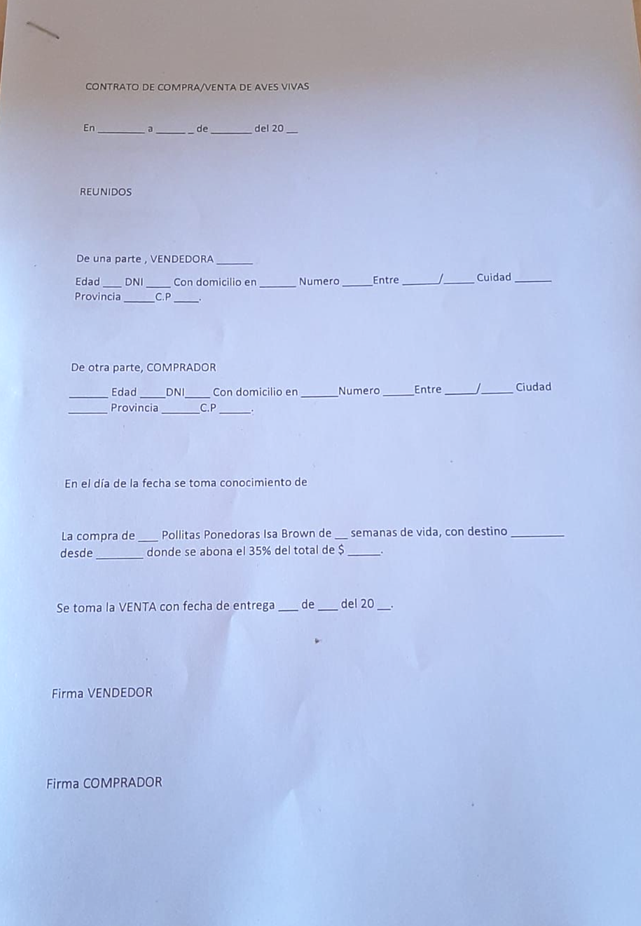 Contrato firmado previa comercialización de las pollitas, dejando asentado con el mismo el acuerdo de venta.