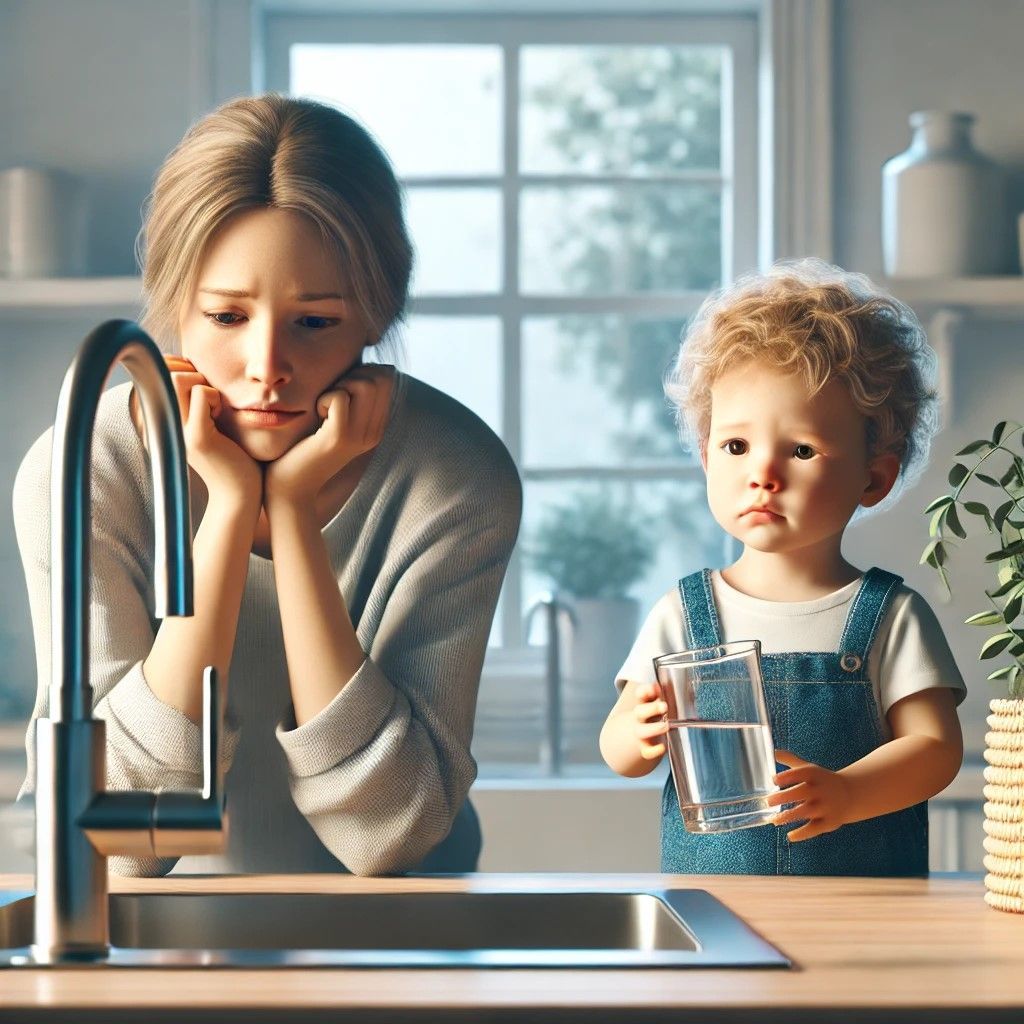 vrouw en kind. er komt geen water uit de kraan