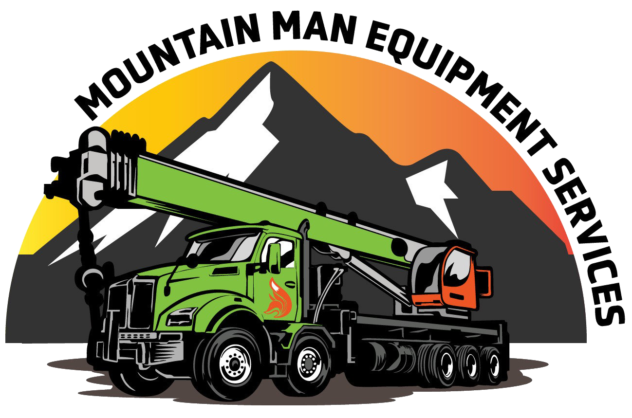 Green crane truck with extended boom in front of a mountain, orange sunset background. "Mountain Man Equipment Services" text.