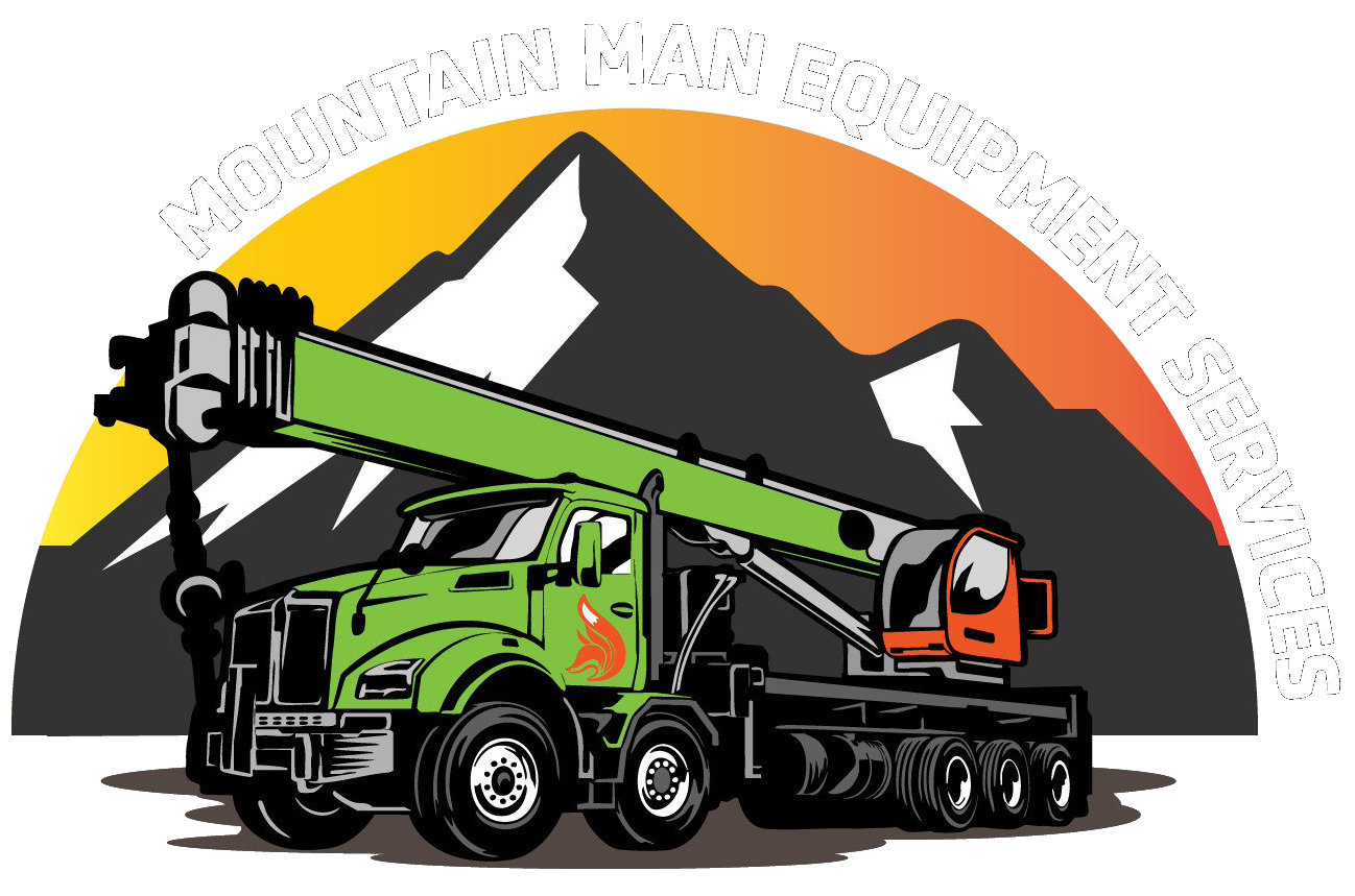 Green crane truck in front of a mountain scene, with text