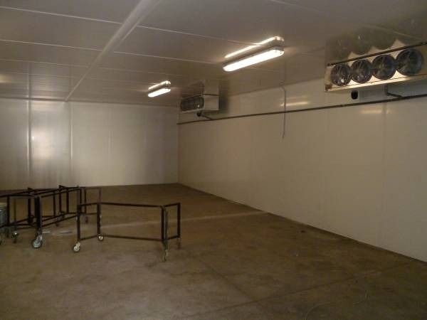 Cella frigorifera vuota con pareti e soffitto bianchi. Tavoli di metallo sul pavimento. Unità di refrigerazione visibili.