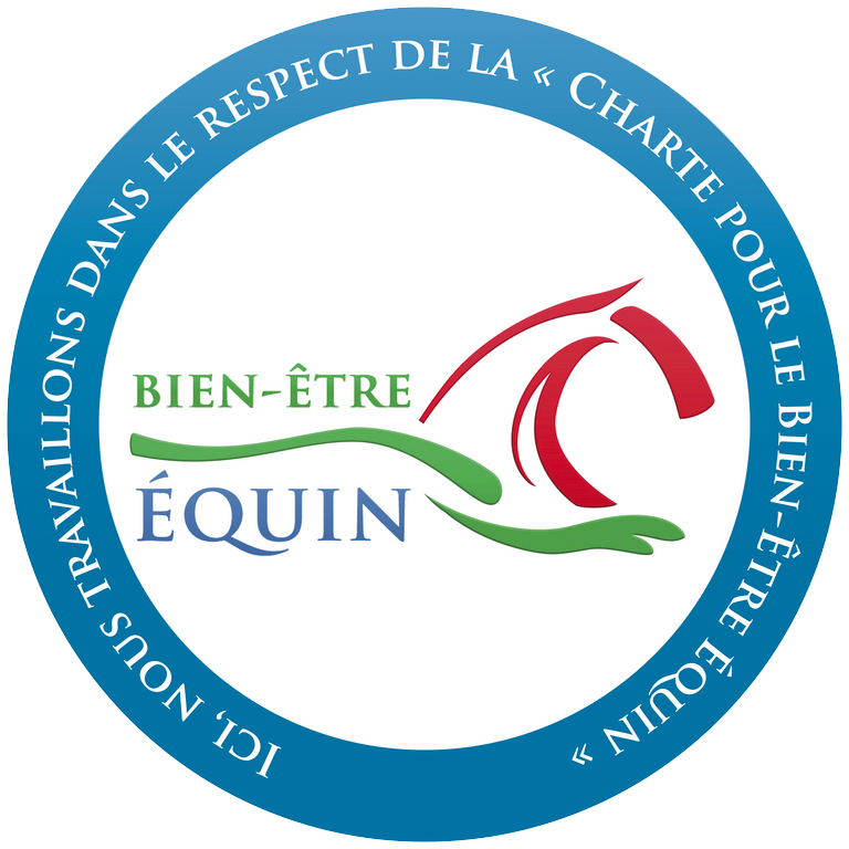 Logo promouvant le bien-être équin, représentant une tête de cheval, un cercle bleu et un texte en français.