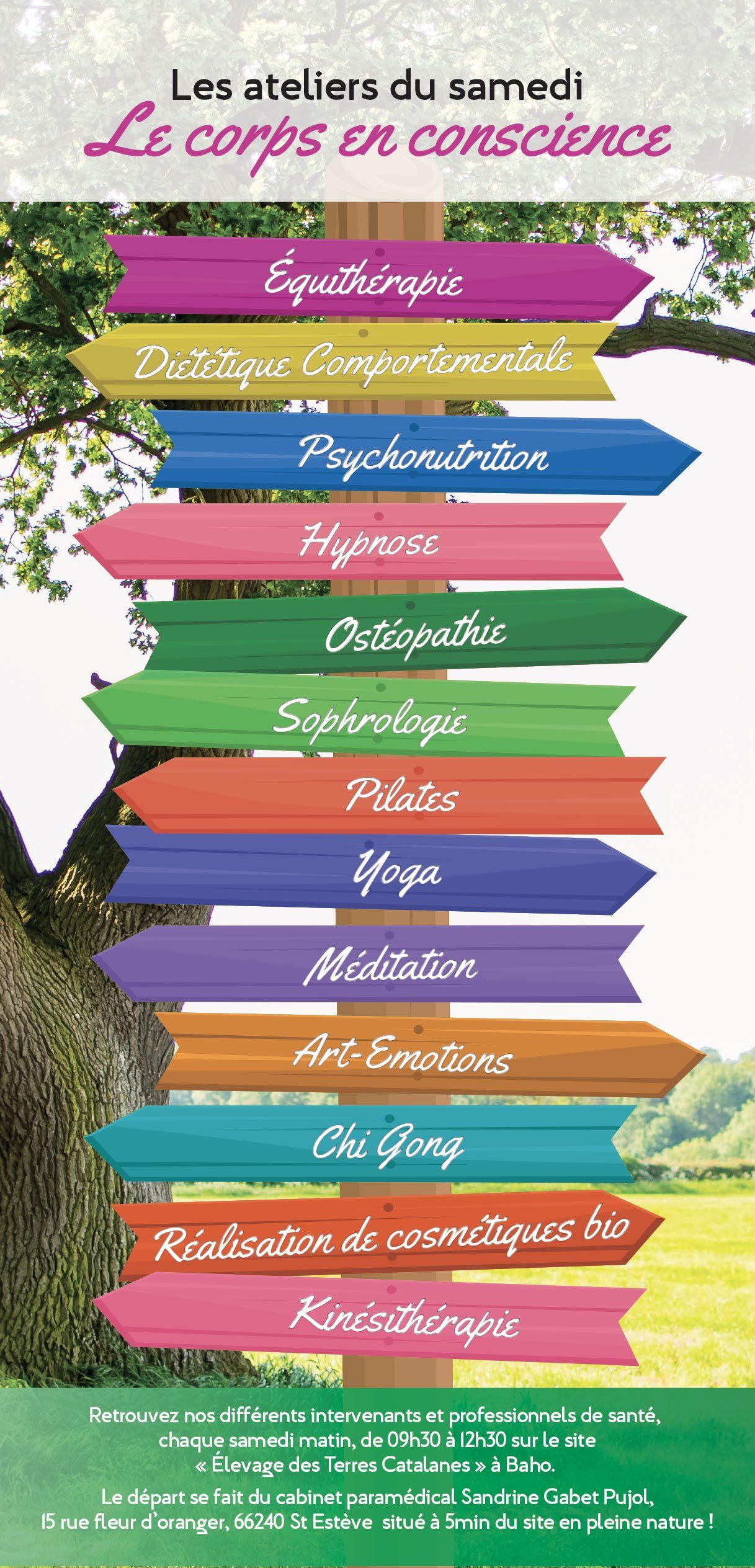 Panneau indicateur avec flèches colorées, chacune portant un mot. Le sujet est « Le corps dans la conscience ».