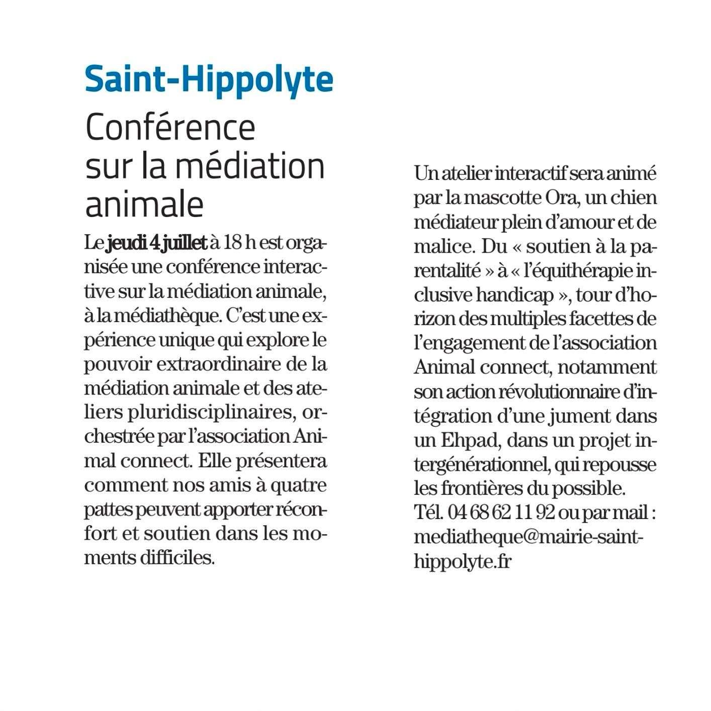 Annonce d'une conférence en français sur la médiation animale, Saint-Hippolyte, jeudi 4 juillet. Plus de détails sur l'événement sont fournis.