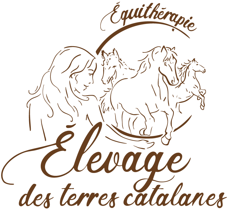 Logo pour « Élevage des terres catalanes », centre d'équithérapie, représentant une femme, des chevaux et du texte manuscrit.