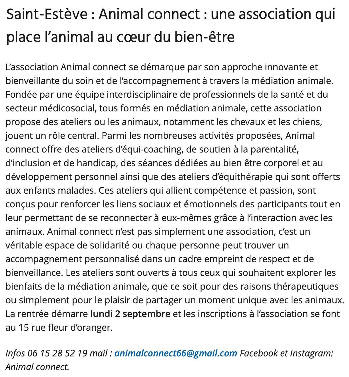 Dépliant pour « Animal Connect », une association de Saint-Estève proposant des ateliers de bien-être assisté par les animaux.