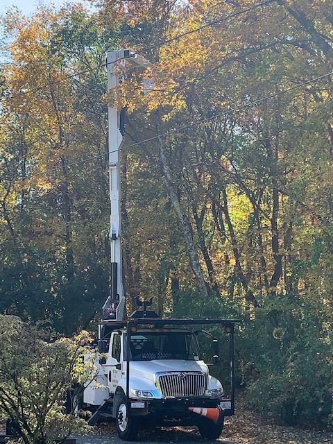A white truck with a crane on top of it is parked in the woods.
