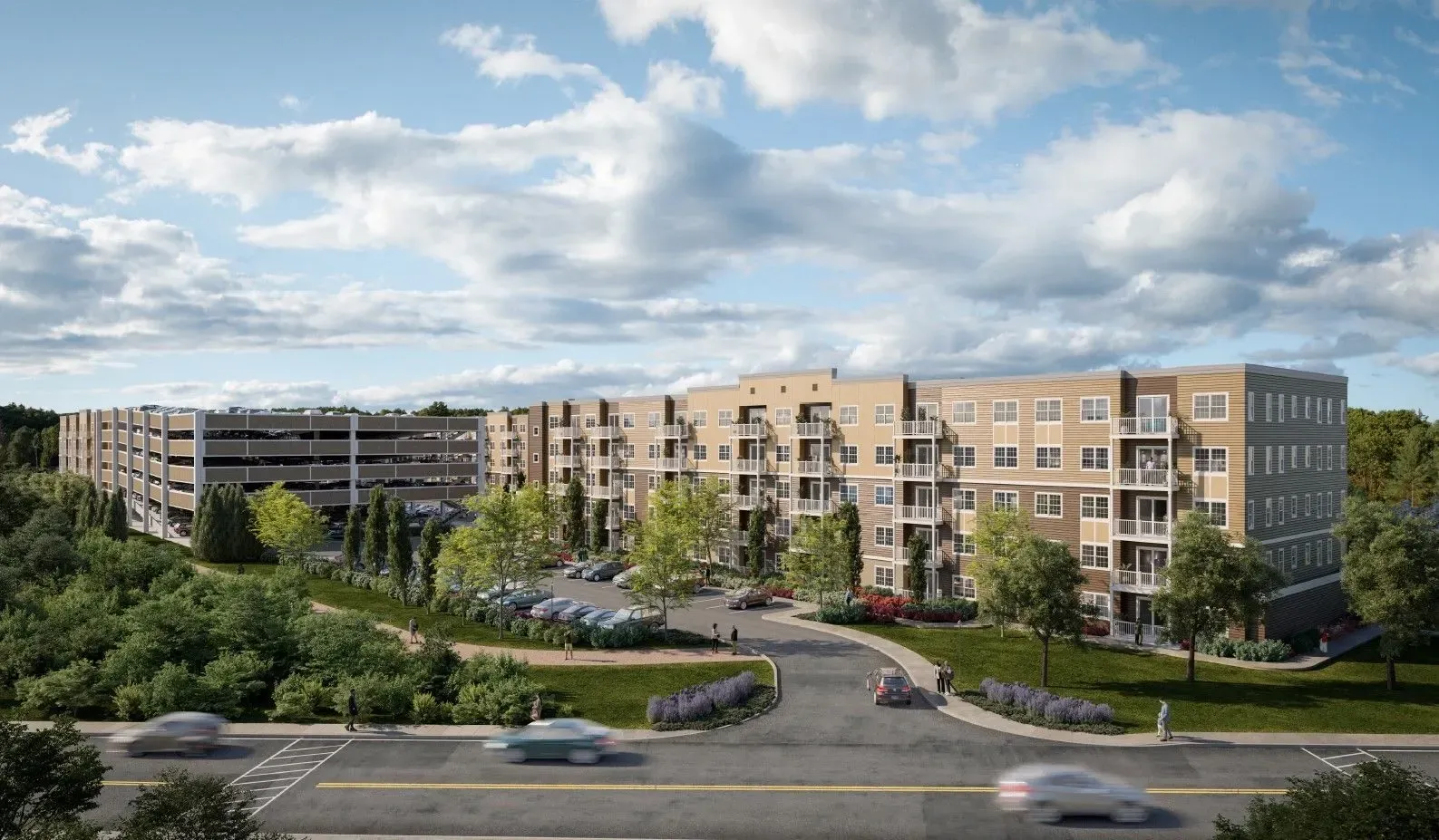 Exterior rendering of a modern apartment community with a parking garage and landscaped entry.