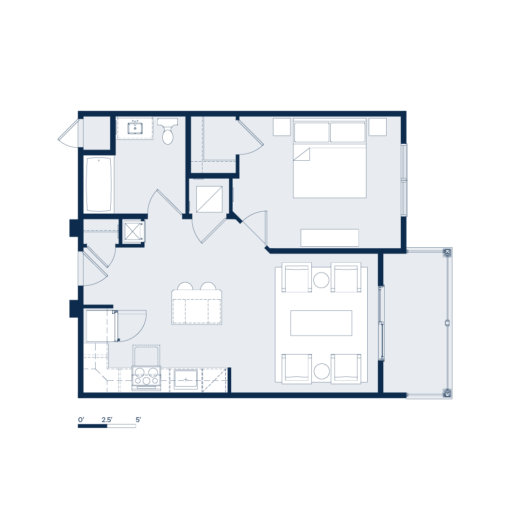 Floor plan of an apartment: bedroom, bathroom, kitchen with island, and living area, with a patio.