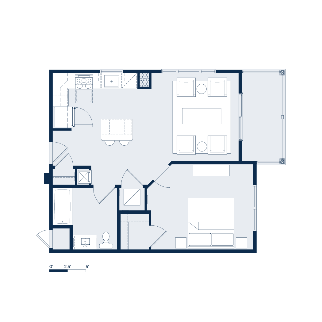 Floor plan of an apartment, blue outlines, showing rooms like kitchen, living, bedroom, and a patio.