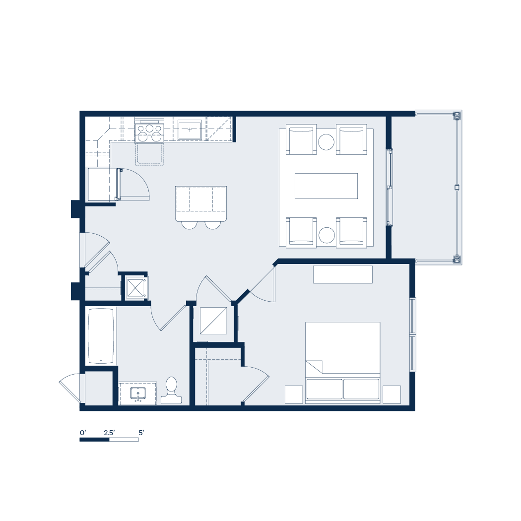 Floor plan of an apartment, showing rooms, doors, and furnishings in blue and white.