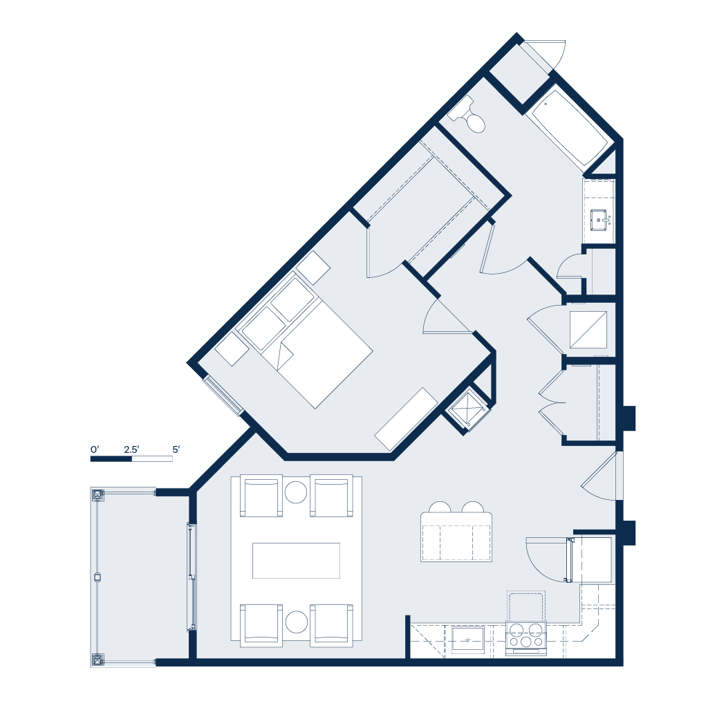 Floor plan of an apartment with a living room, bedroom, kitchen, and bathroom.