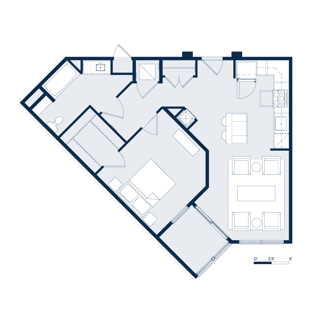 Floor plan of a modern apartment, showing rooms, doors, and furnishings in a light blue color.
