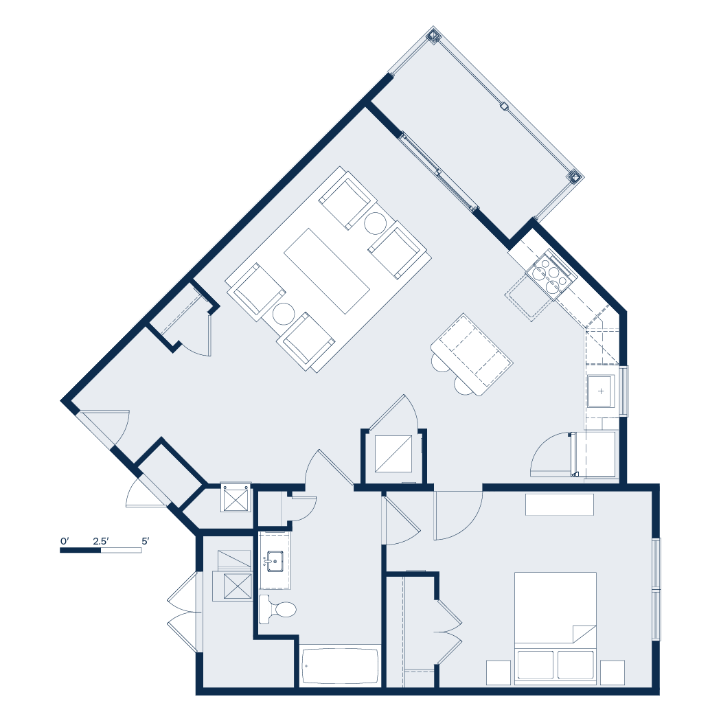 Floor plan of a modern apartment with living room, kitchen, bedroom, and a balcony. Blue outlines, white background.
