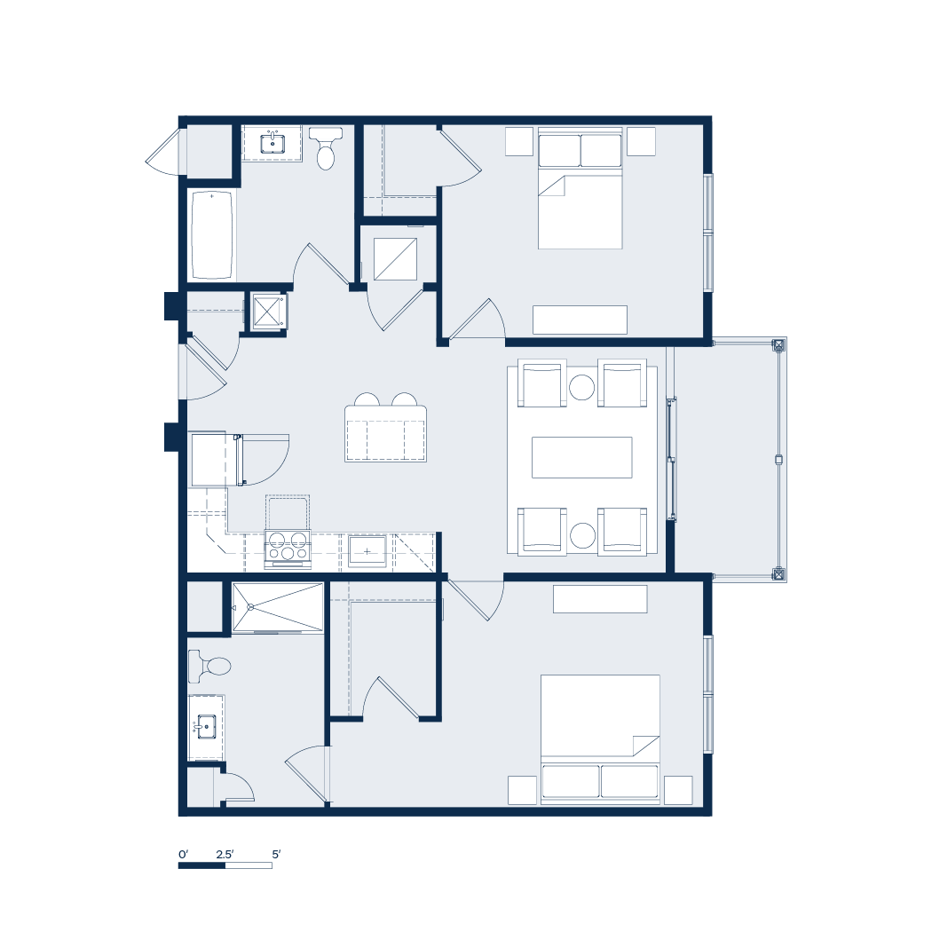 Floor plan of a three-bedroom apartment in shades of blue and white.
