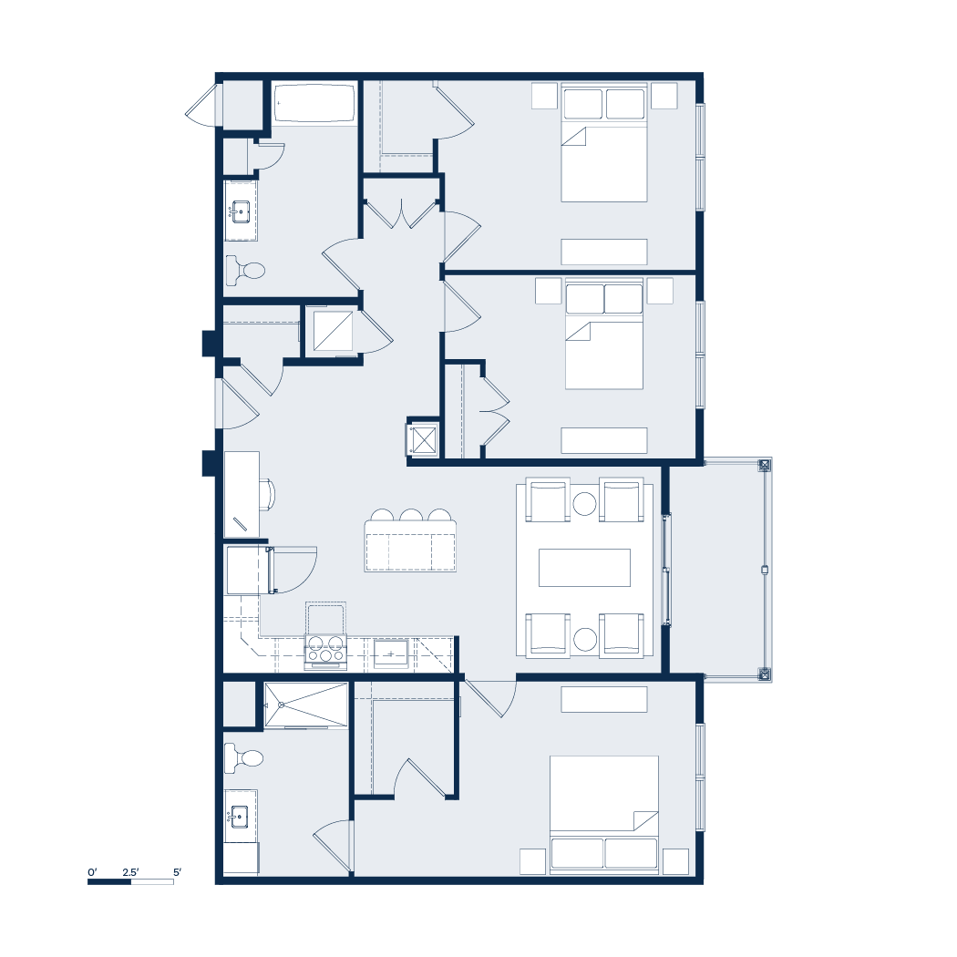 Floor plan of a three-bedroom apartment with a kitchen, living area, and balcony, outlined in blue.