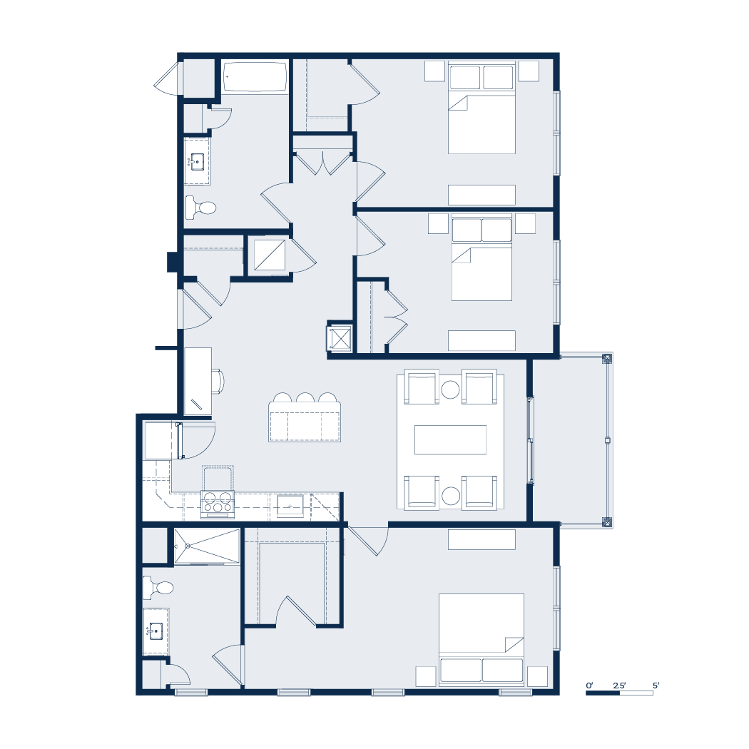 Floor plan of a two-story house with bedrooms, bathrooms, living spaces, and a porch.