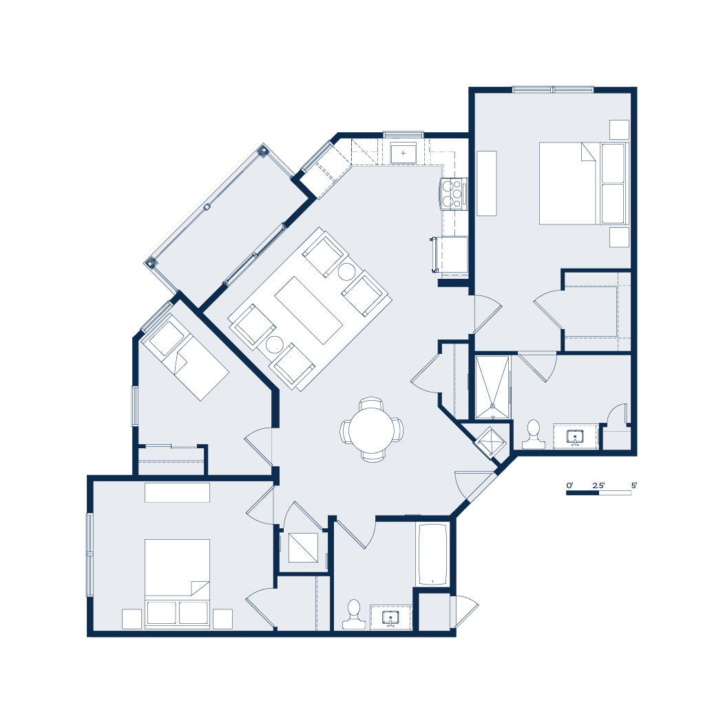 Floor plan of a home with multiple rooms including bedrooms, living areas, and a kitchen.