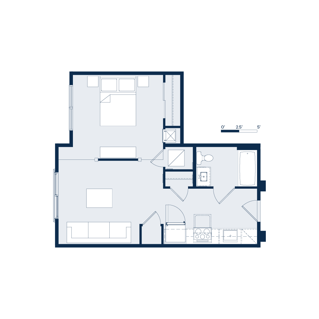 Floor plan of an apartment, with a bedroom, living room, kitchen, and bathroom. Blue outline with gray interior.