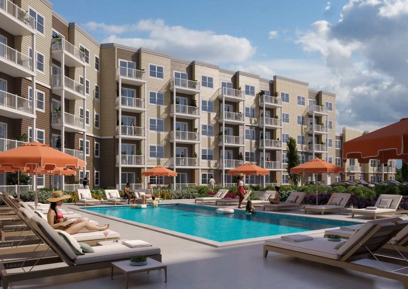 Swimming pool surrounded by apartment buildings.