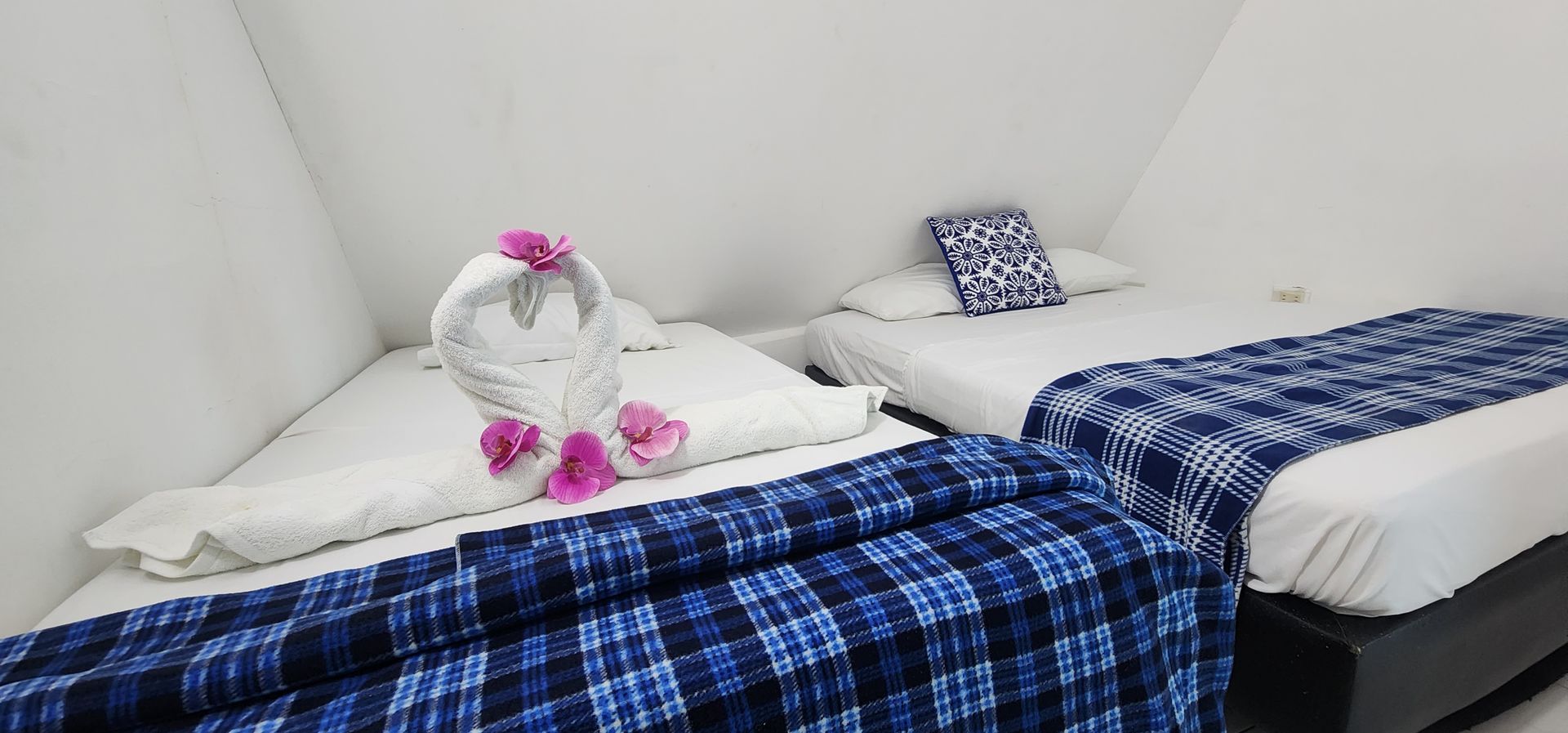 Un dormitorio con dos camas, una de ellas decorada con una toalla con forma de cisne y flores rosas, y ambas cubiertas con mantas estampadas en azul.