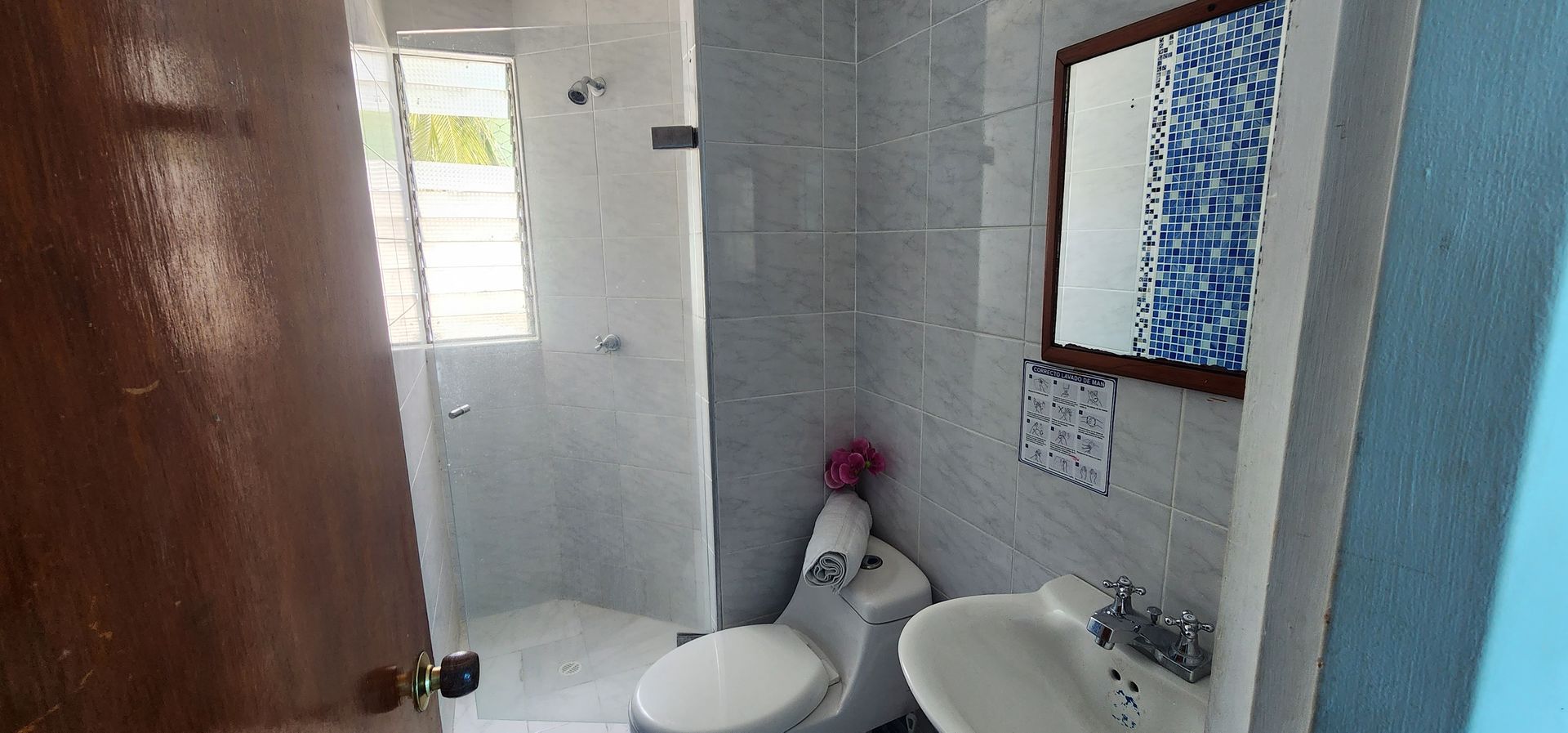 Un pequeño baño con ducha acristalada, inodoro blanco, lavabo con pedestal y espejo enmarcado en una pared de azulejos grises.