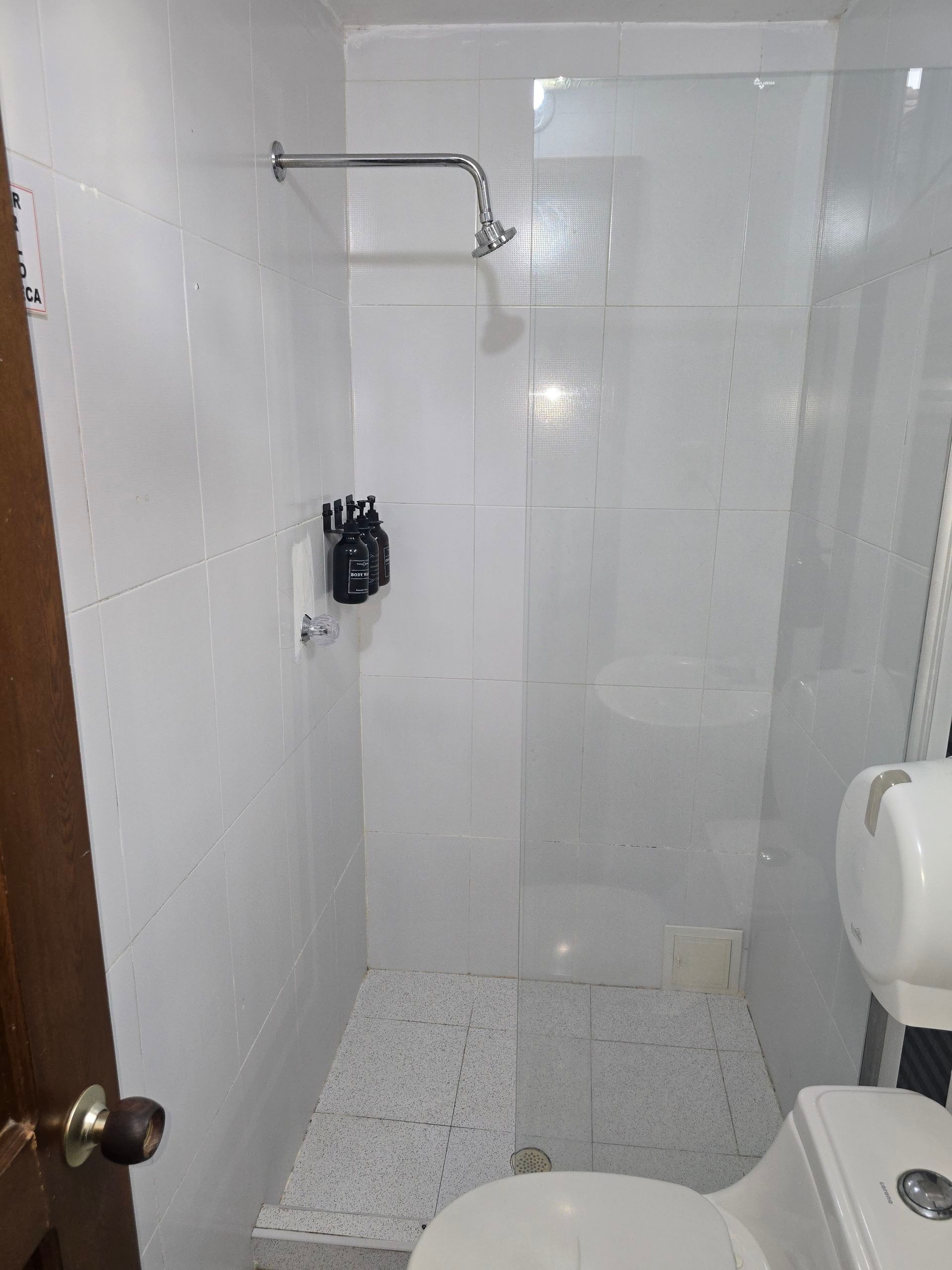 Una ducha a ras de suelo con azulejos y panel de vidrio, cabezal de ducha cromado, dispensadores montados en la pared y un inodoro blanco cerca.