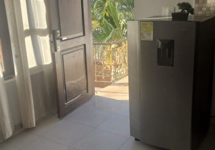 Un frigorífico de acero inoxidable se encuentra junto a una puerta abierta que da a un balcón soleado con plantas verdes.