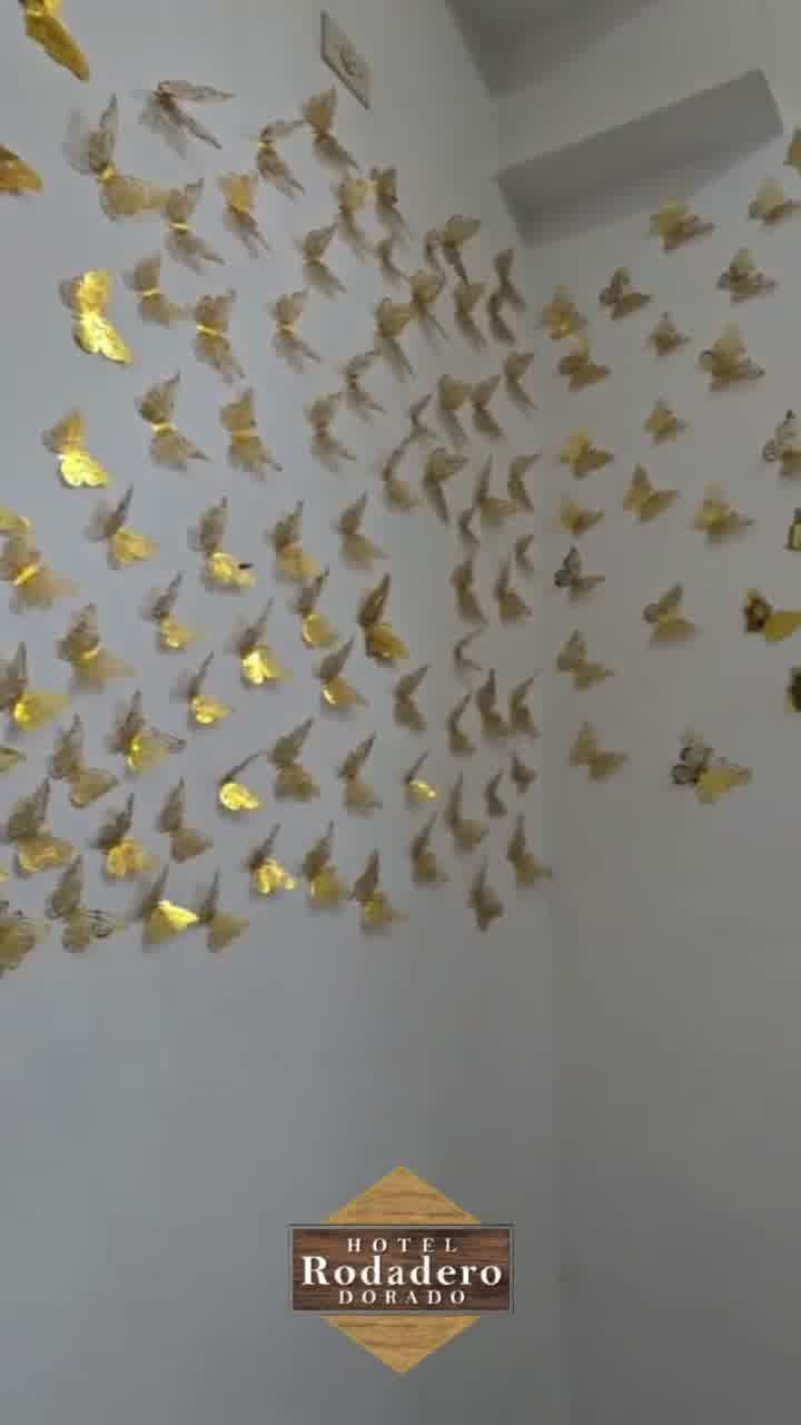 Pared blanca en la esquina cubierta con decoraciones de mariposas doradas y un pequeño letrero enmarcado cerca de la parte inferior.