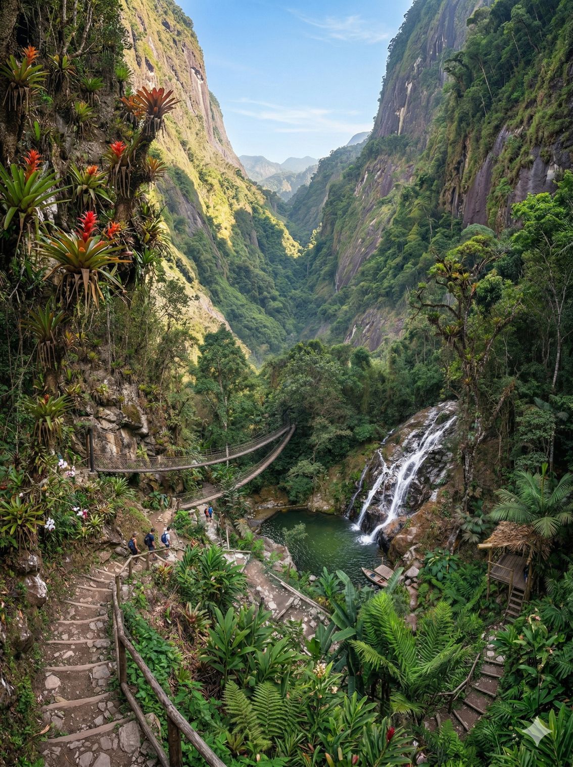 Un cañón frondoso y profundo con una cascada que cae en una poza verde, al que se accede por un sendero de piedra y un puente de cuerda.